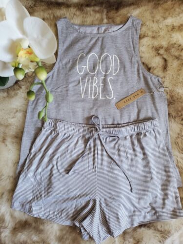 NWT Rae Dunn 2-Piece Shorts Pajama Set "Good Vibes" Womens Size M Light Gray