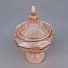 Antique Hocking Mayfair Open Rose Pink Depression Glass Candy Dish w Lid 1930s