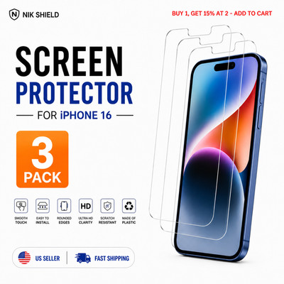 3 Pack iPhone 16 Hydrogel Screen Protector Self-Healing Anti-Scratch HD Clear