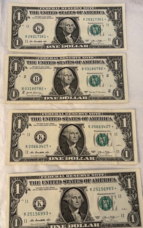 Lot of 4 Star Note Dollar Bills 2003 & 2017