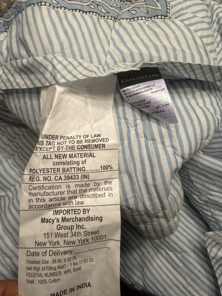 Edredón Charter Club Nadia Border Algodón Reversible COMPLETO/QUEEN Solo Foto 3 de 4