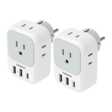 TESSAN 2 Pack Type E F Plug Adapter USB C, 3 USB Charger Ports, 4 AC Outlets