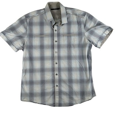 7 Diamonds Shirt Mens Large Blue Plaid Short Sleeve Button Front Zip Pockets