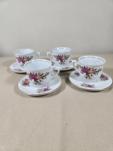 Vintage Korona Pink Rose Demitasse Teacup & Saucers 4 Sets Made In Poland 1 Chip
