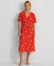 Lauren Ralph Lauren Floral Crinkled Georgette Dress OrangeCreamTan