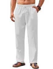 Men's Cotton Linen Pants Casual Beach Pants Elastic Waist Drawstring Summer Y...