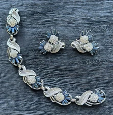 Vintage Trifari Radiance Thistle Rhodium Blue Baguette Bracelet & Earring Set