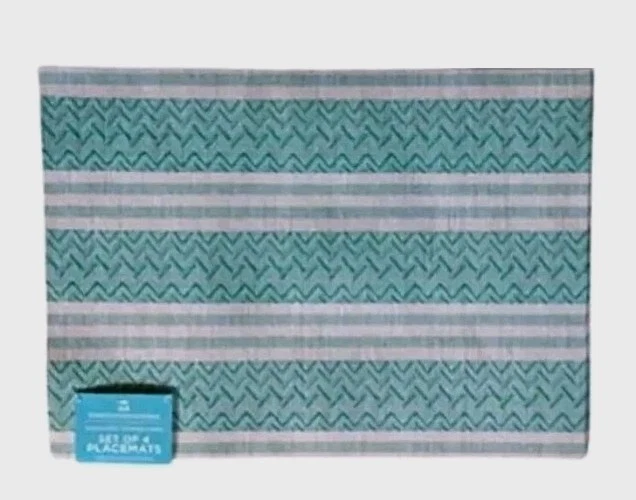 x8 Placemat Set of 8 Vinyl Woven Green Turquoise Coastal Chevron Stripe Summer - Image 2 of 4