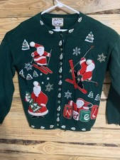 VTG Heirloom Collectibles Santa Skiing Cardigan Sweater L Xmas Ramie