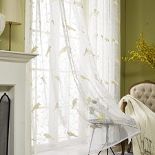 Leeva White Sheer Linen Curtains 96 Inch Long, 52W x 96L Pack of 2 , Birds