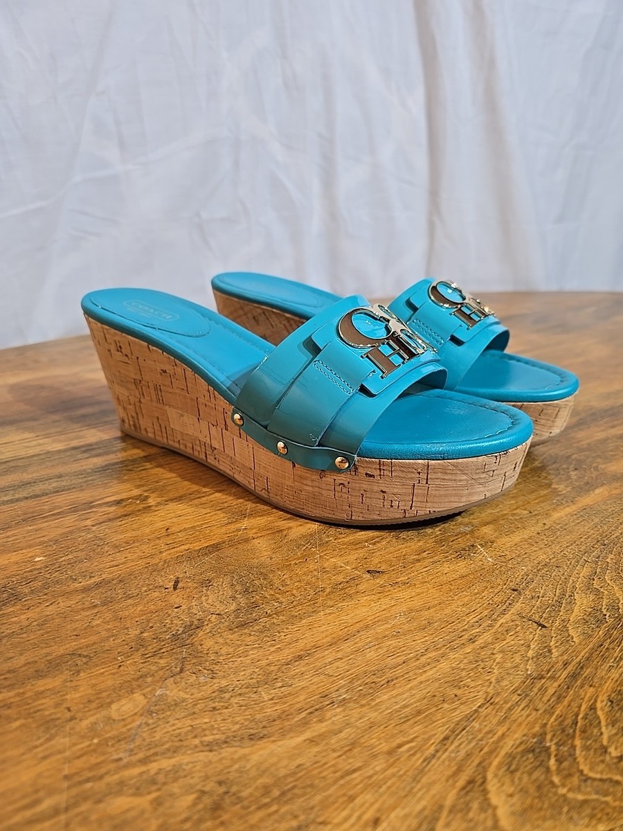 Coach Women’s Patent Leather Slide Sandals 3” Wedge Turquoise Blue size