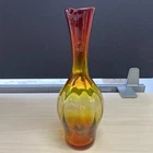 Vintage MCM Blenko Glass Ribbed Optic Vase In Tangerine 10.5”