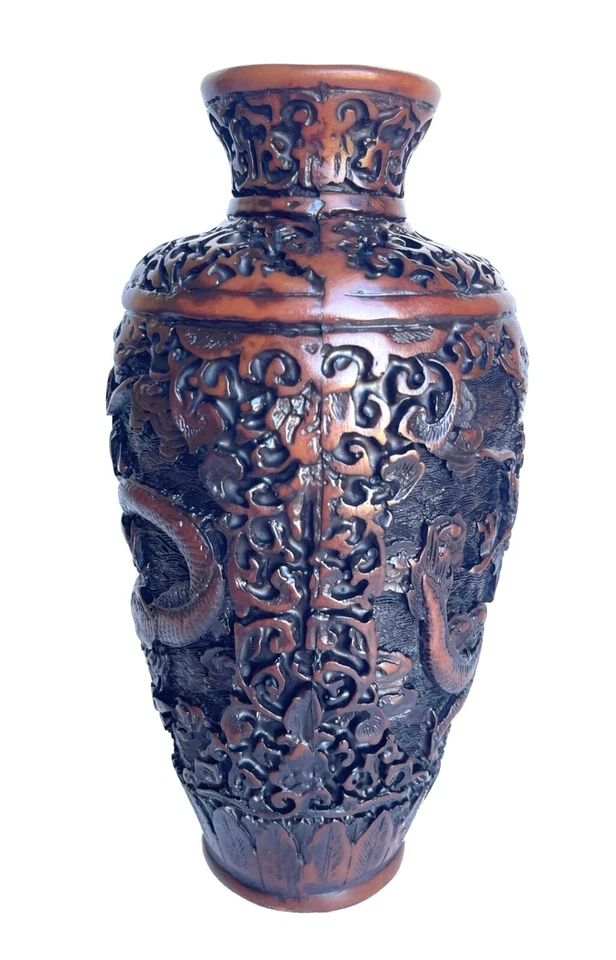 Jarrón chino cinabrio dragón resina escultural asiática oriental flor tarro 9,5" Foto 2 de 4