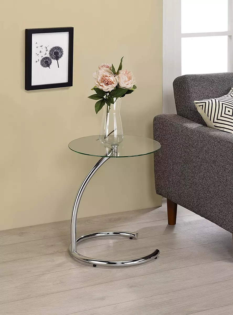 Round Glass Side Table Chrome Metal Small End Coffee Snack Living