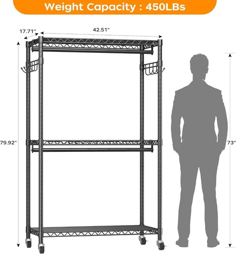 Versatile Black Metal Garment Rack with Removable Shelf and Wheels for Easy Use - Picture 5 of 9