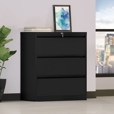 TAUS 3 Drawers Lateral File Cabinet w/Lock Metal Stainless Steel Filing Cabinet 