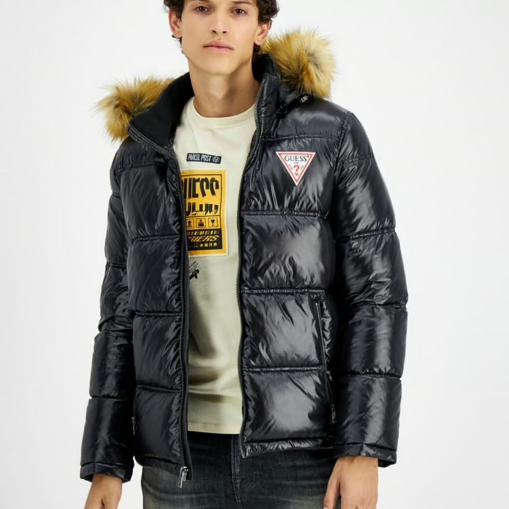 Guess Puffer Jacket Mens Sz XL Gray Removable Hood Faux Fur
