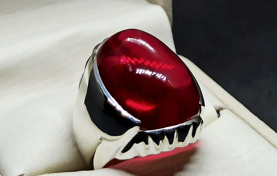 Cabochon Big Pigeon Red Ruby Sterling Silver 925 Handmade Mens Plain Heavy Ring - Image 4 of 4