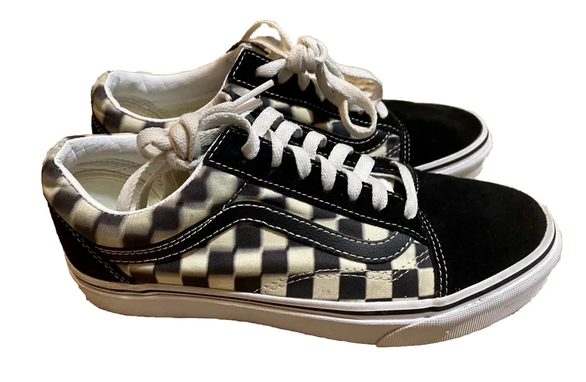 Vans OLD SKOOL Skate Shoes White Black Check Blur Lace Up Sneakers US 7.5 Women
