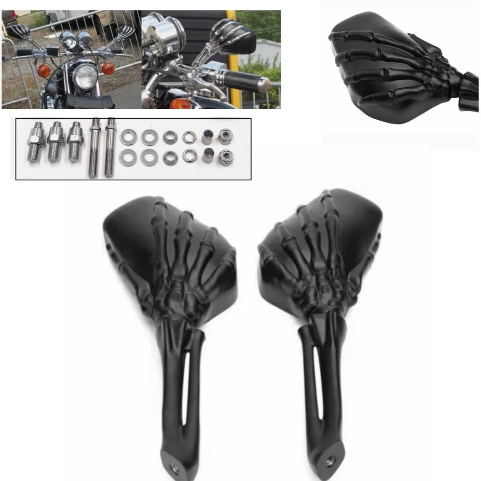 Espejos retrovisores laterales de mano esqueleto calavera negra para motocicleta para Harley Davidson Foto 3 de 4