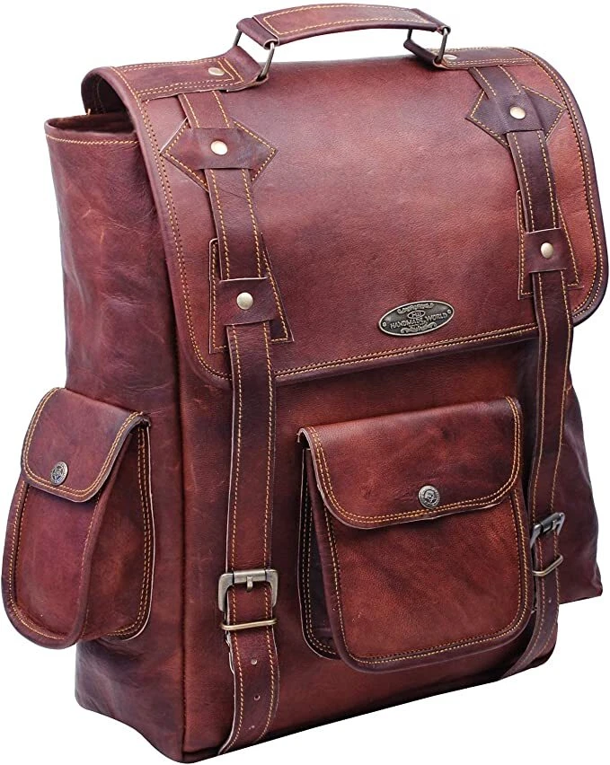 Handmade 16 Inch Brown Leather Backpack For Men Vintage Easy Open Push Lock
