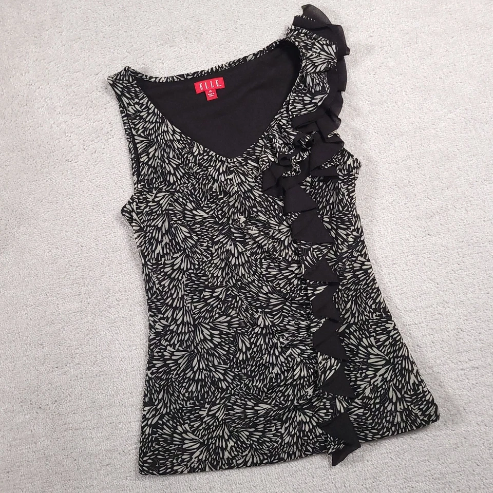 Blusa regata Elle Dressy Work babado feminina XS cinza preta estampa geométrica forrada  - Imagem 2 de 4