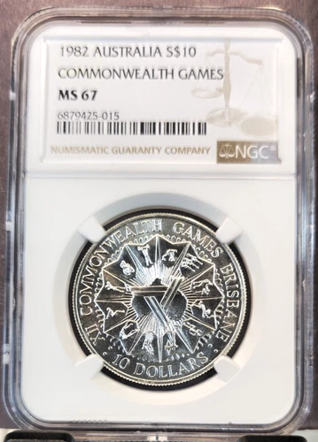 1982 AUSTRALIA SILVER 10 DOLLARS COMMONWEALTH GAMES NGC MS 67 SCARCE GEM BU