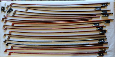 19 ANTIQUE Huge Lot Mother of Pearl Ebony Silver Quality VIOLIN BOWs vtg Parts