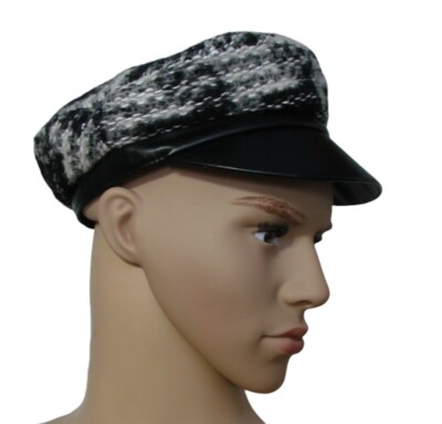 Tarnish Boucle Newsboy Cap Wool and Leather Black White Plaid Made In Italy OSFA Tarnish Boucle Newsboy Cap Wool and Leather Black White  main image 4