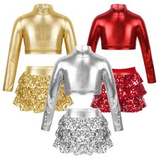 Kids Girls Shiny Metallic Long Sleeve Crop Tops with Shiny Sequins Skirts Set