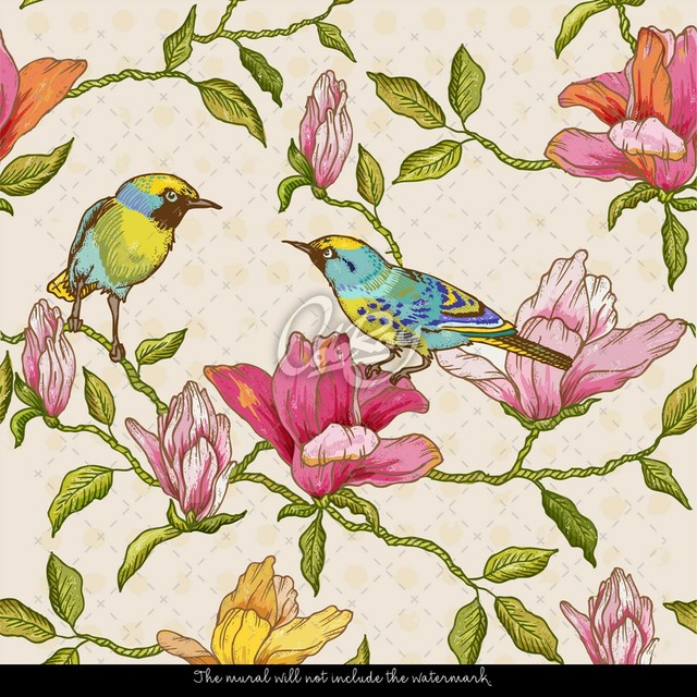Floral and birds removable Wallpaper pink mural Self Adhesive Peel