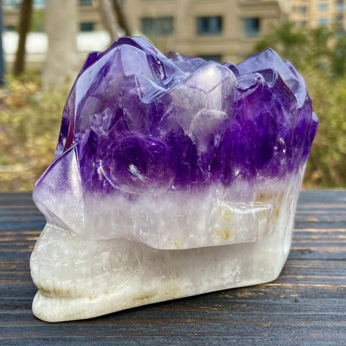 Teschio di quarzo ametista naturale 1,75 libbre cristallo intagliato a mano gemma Reiki guarigione - Foto 6 di 10