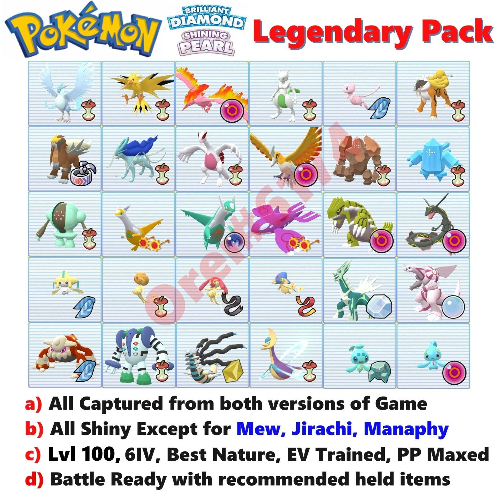 All 39 Legendary Pokemon Brilliant Diamond Shining Pearl BDSP w/ 39 Random  Items