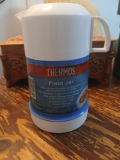 Thermos Food Jar Blue and White Vacuum Insulated 10 ounce Screw on Cup Spoon