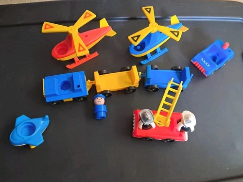 Vintage Little People Lot Helicopters, Firetruck, Police Car And More