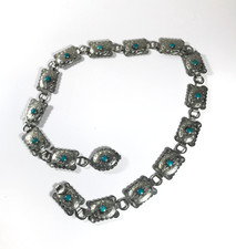 Women's Concho Belt XS Silver VTG Turquoise Western Cowgirl Scalloped Casual