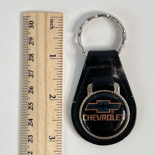 Vtg 1980s Chevy Bowtie Leather Keychain Blue Sunburst Domed Chevrolet Key Ring