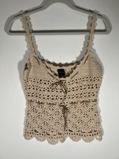 Vintage Y2K PLENTY crochet hippie cream tank suede ties L boho festival cowgirl