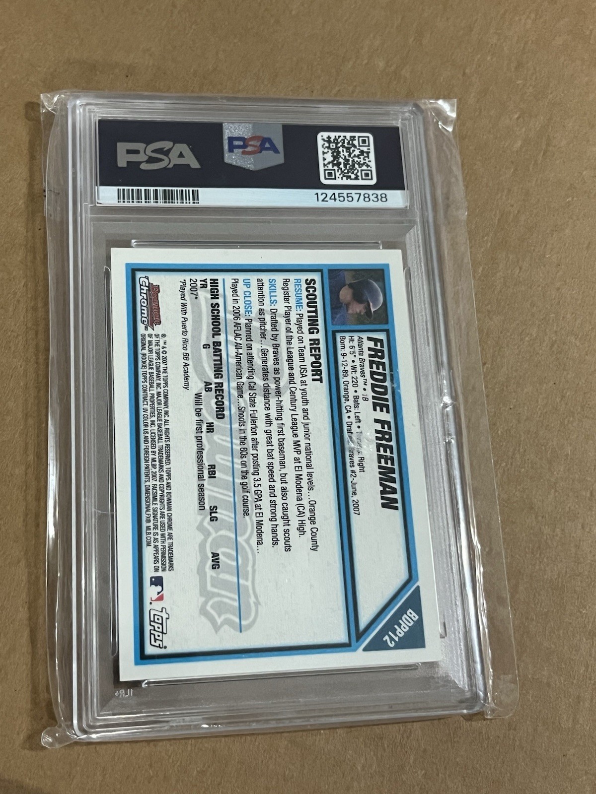 2007 1st Bowman Chrome Draft Prospect #BDPP12 Freddie Freeman Rookie PSA 9 Mint view 2