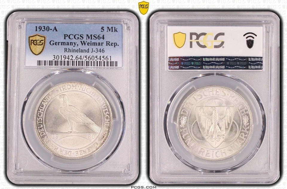 5 Reichsmark Weimar Rheinlandräumung 1930A. PCGS MS64. Stempelglanz. Top Münze - Bild 1 von 1