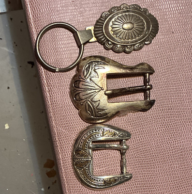 Western Engraved Floral Silver-Tone Buckle Lot w/ Key Ring, Fits 1.5''