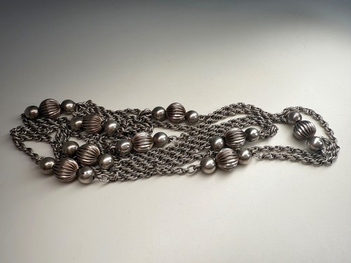 Antique Sterling Silver Stamped Link 55 Inch Rope Guard Chain With Fluted Beads