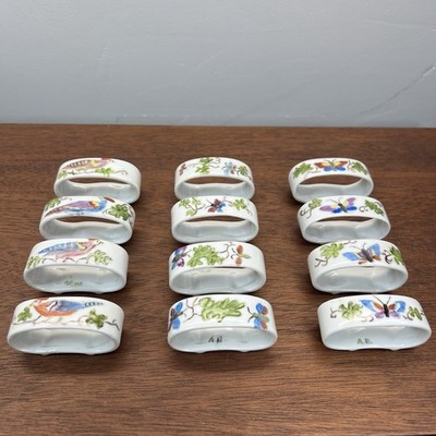 VTG Hand Painted Napkin Ring Holder Set Of 12 Botanical Birds Butterflies