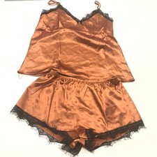 Women Silky Satin Lingerie Pjs Pajamas Set Cami Top and Shorts 2 Pcs Nightwear L