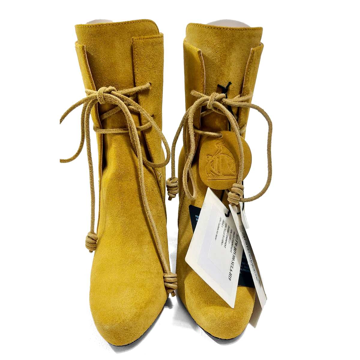 Lanvin Mustard Yellow Suede Ankle Boots Lace Up Heeled Booties EU