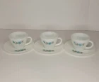 3 Vintage Anchor Hocking Fire King Boutonniere Milk Glass Cups and Saucers Set