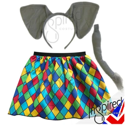 INSPIRED COSTUMES GIRLS WORLD BOOK DAY Costume ELMER the Elephant SKIRT & Ears Set Fancy Dress