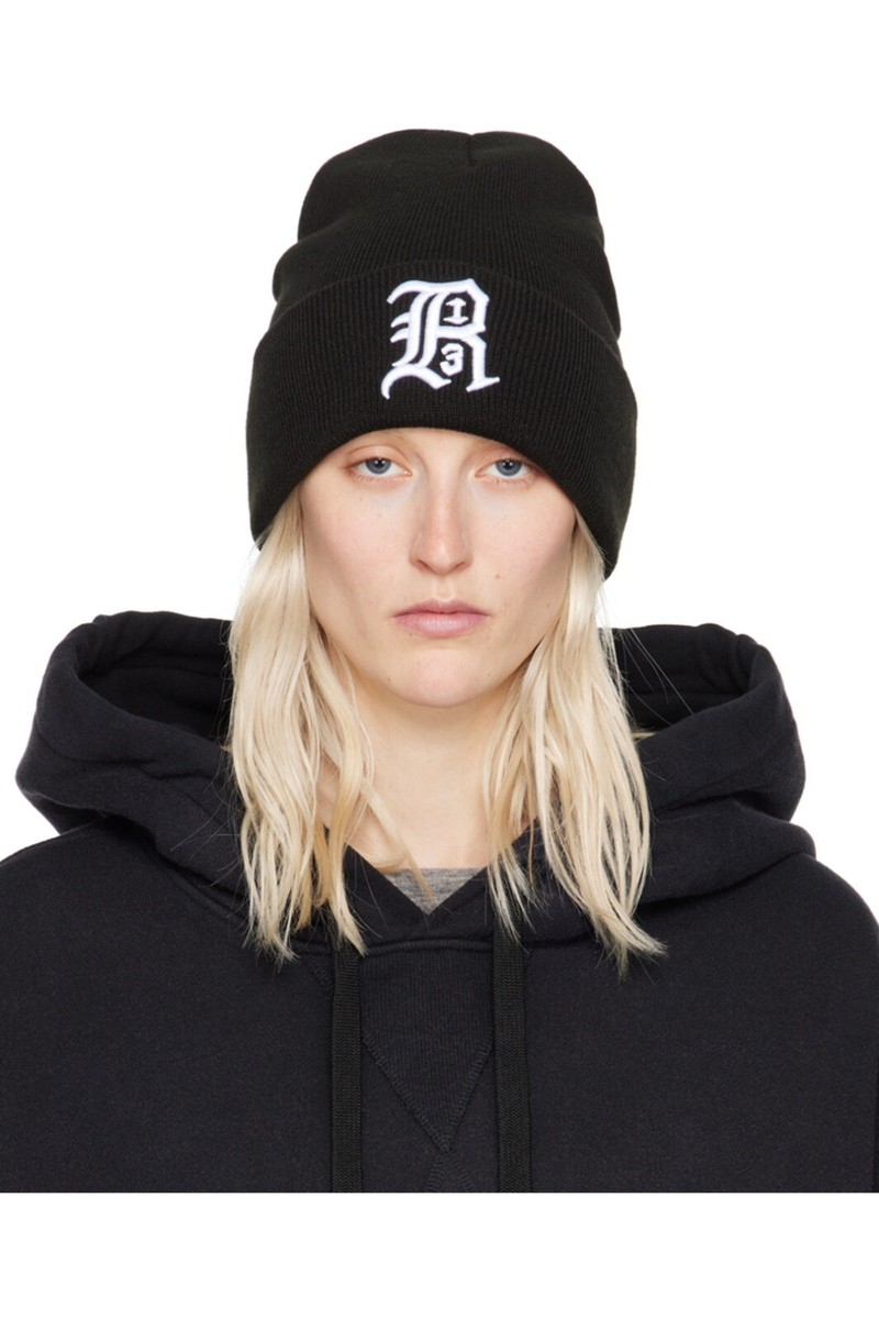 【R13】SKULLY BEANIE R13 LOGO EMBROIDERED SKULLY BEANIE BLACK WITH WHITE UNISEX