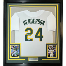 Framed Autographed/Signed Rickey Henderson 33x42 White Baseball Jersey BAS COA