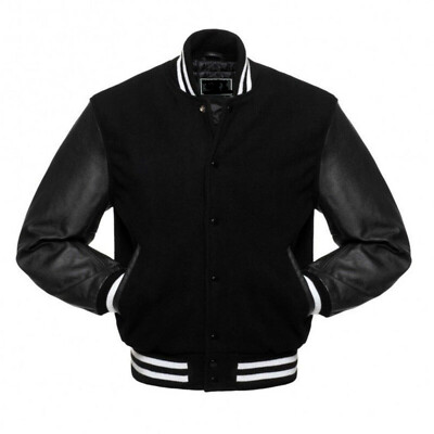 Schwarze Wolle Echtleder Ärmel Mischung Bomber Letterman Baseball College Jacke